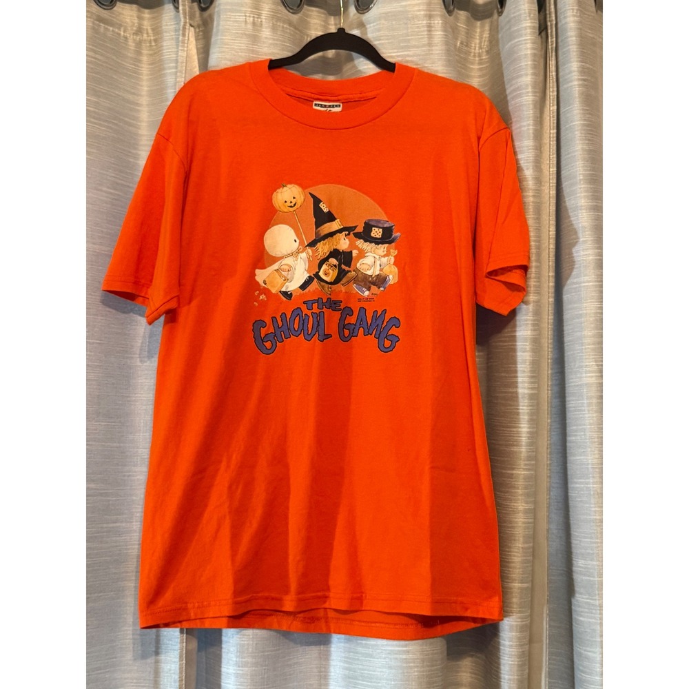 Vintage 90s Halloween T-Shirt Sz L Orange the Ghoul Gang Graphic Pumpkin Cute